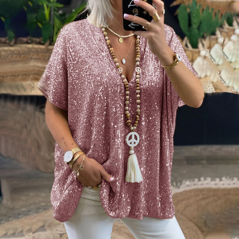 Loose Pullover Sequined V-neck T-shirt Top Women's Clothing