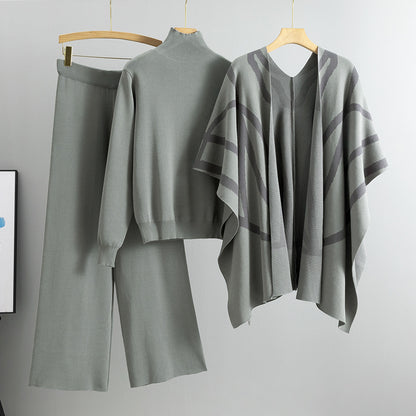 New Elegant Knitted Sweater Shawl Wide Leg Pants Three-piece Set