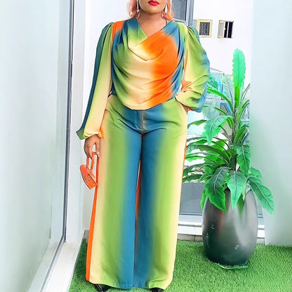 Lantern Sleeve Non-positioning Printed Swing Collar Wide Leg Pants Suit