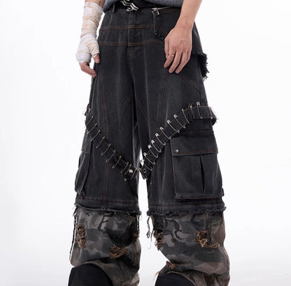 Men's Camouflage Splicing Structure Pin And Ribbon Jeans