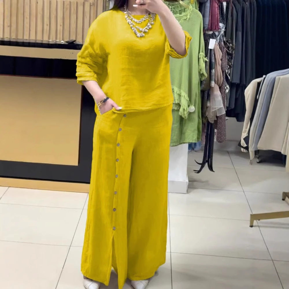Women's Fashion Casual Loose Solid Color Cotton Linen Short Sleeve Shirt Two-piece Pants Long