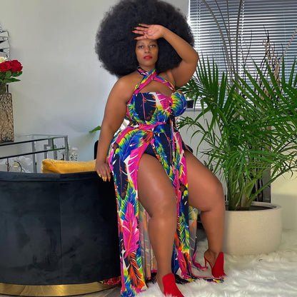 Ladies Fashion Print Halter Slit Dress