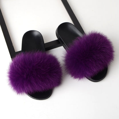 Real hair fox fur slippers female summer word drag fur plush shoes outside wearing sandals slip flat bottom