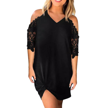 Women's Lace Patchwork Cold-shoulder V-neck Solid Color Dress