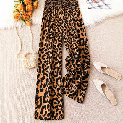 Leopard Print Floral Print Casual Jumpsuit Elastic Waist Loose Wide Leg Pants