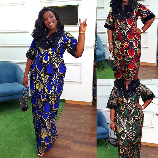 Plus Size Women's Satin Sequin Long Gown Dress