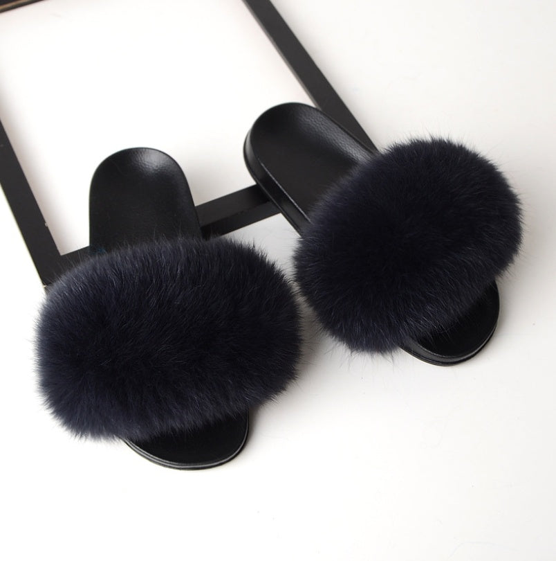 Real hair fox fur slippers female summer word drag fur plush shoes outside wearing sandals slip flat bottom