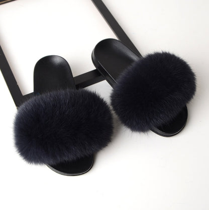 Real hair fox fur slippers female summer word drag fur plush shoes outside wearing sandals slip flat bottom