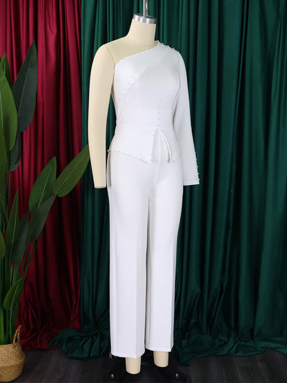 Women's Fashion Temperament Diagonal Shoulder Beaded Ol Two-piece Set
