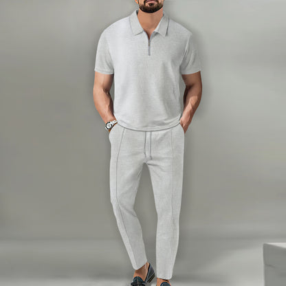Lapel Short Sleeve Zipper Trousers Suit