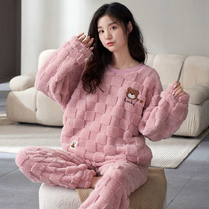 Cartoon Coral Fleece Pajamas Women's Pullover Long-sleeved Thickened Warm