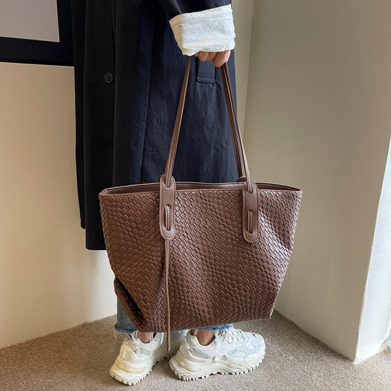 Large Capacity Woven Shouder Bgas Women Versatile Retro Textured Solid Color Totes