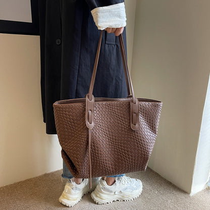 Large Capacity Woven Shouder Bgas Women Versatile Retro Textured Solid Color Totes