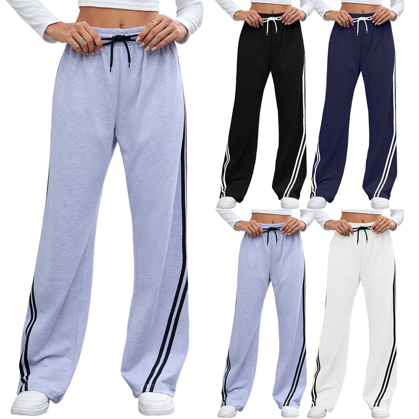 European And American Loose Straight Wide-leg Pants Stripes Lace Up Casual Sweatpants