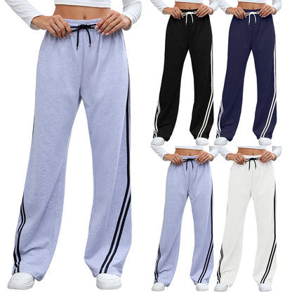 European And American Loose Straight Wide-leg Pants Stripes Lace Up Casual Sweatpants