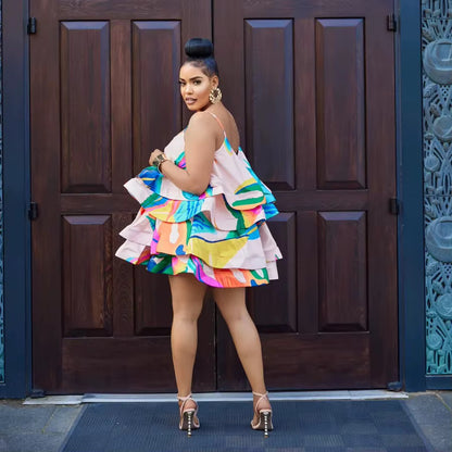 Light Color Printing Layer Fishbone Sling Short Dress