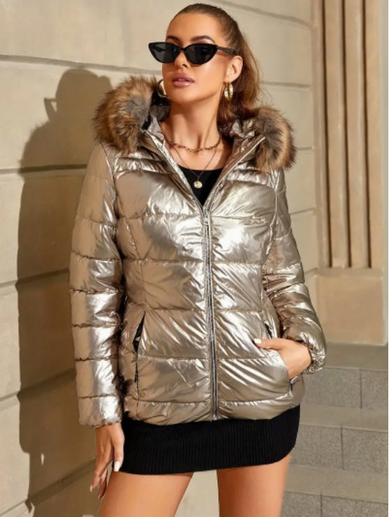 Women's Winter Ultralight Padded Jacket With Hooded Fur Collar Detachable Concealed Zipper Pocket Quilted Padded Jacket