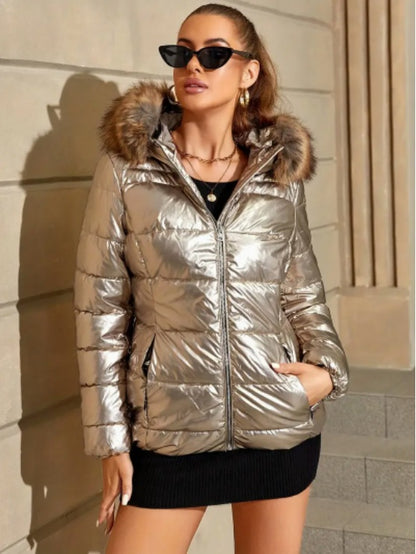 Women's Winter Ultralight Padded Jacket With Hooded Fur Collar Detachable Concealed Zipper Pocket Quilted Padded Jacket