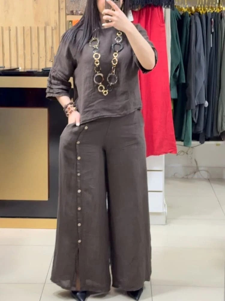 Women's Fashion Casual Loose Solid Color Cotton Linen Short Sleeve Shirt Two-piece Pants Long