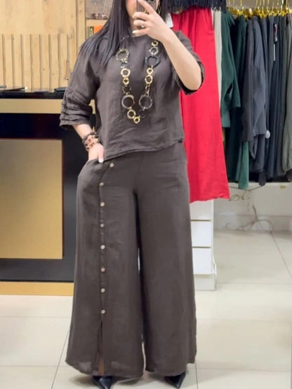 Women's Fashion Casual Loose Solid Color Cotton Linen Short Sleeve Shirt Two-piece Pants Long