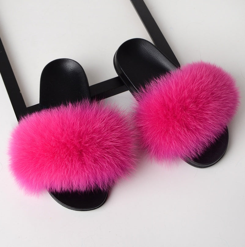Real hair fox fur slippers female summer word drag fur plush shoes outside wearing sandals slip flat bottom