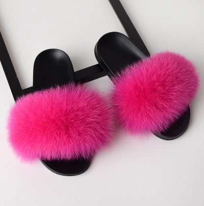 Real hair fox fur slippers female summer word drag fur plush shoes outside wearing sandals slip flat bottom