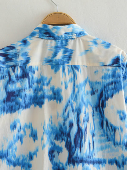 Lapel Loose Printed Poplin Shirt Printed High Waist Skirt