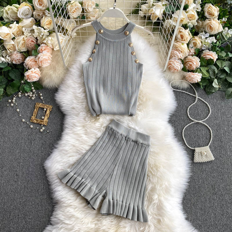 Short Waist Trousers Camisole Vest Off-the-shoulder Sling All-match High-knit Suit