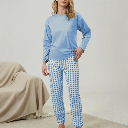 Plaid Printed Pocket Round Neck Long Pajamas Suit