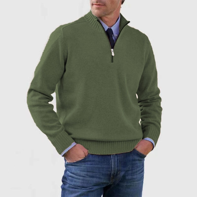Men's Stand Collar Zipper Sweater Winter Fashion Solid Color Long Sleeve Knitted Top Clothing