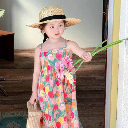 Children's Summer Pastoral Style Flower Print Dress