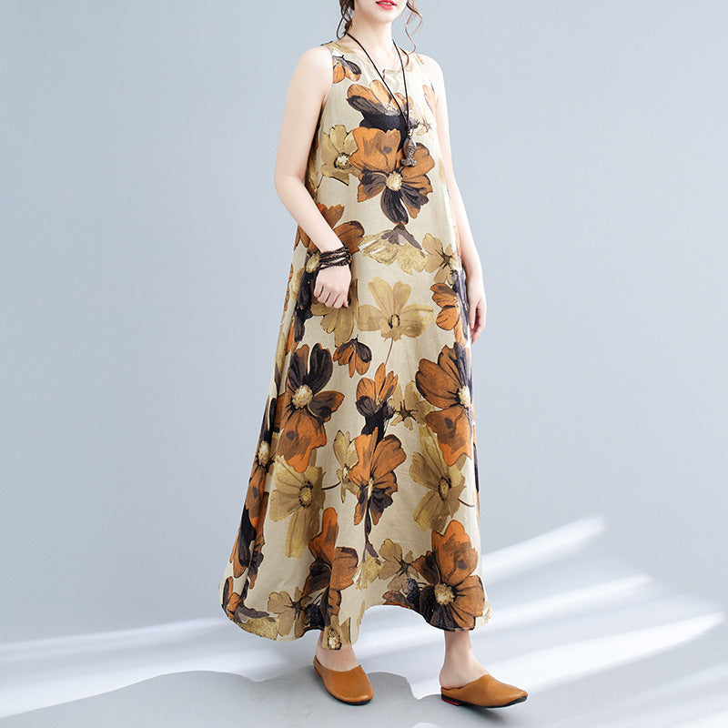 New Simple Fashion Bohemian Maxi Dress Sleeveless Round Neck Printed Dress Women