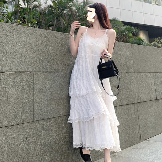 French Strap Summer Vacation Style Small Loose Tiered-Ruffle Long Dress