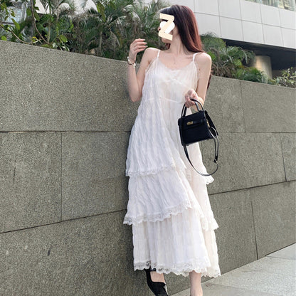 French Strap Summer Vacation Style Small Loose Tiered-Ruffle Long Dress