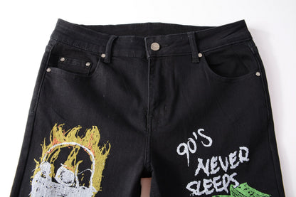 Color Print Black White Trousers Skull Graffiti