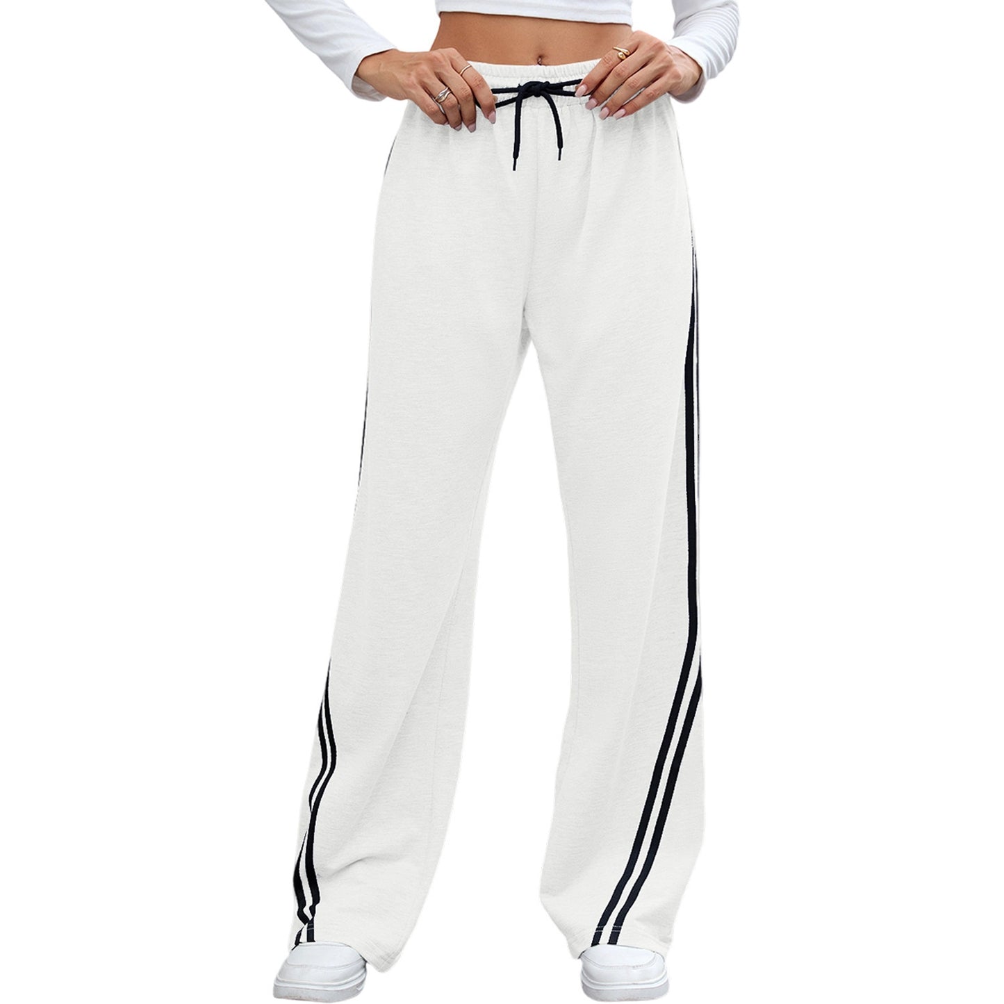 European And American Loose Straight Wide-leg Pants Stripes Lace Up Casual Sweatpants