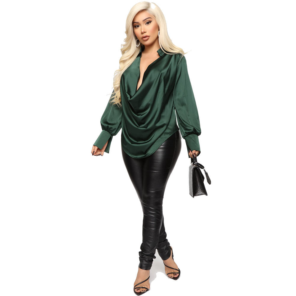 Long Sleeve Deep V-neck Satin Shirt