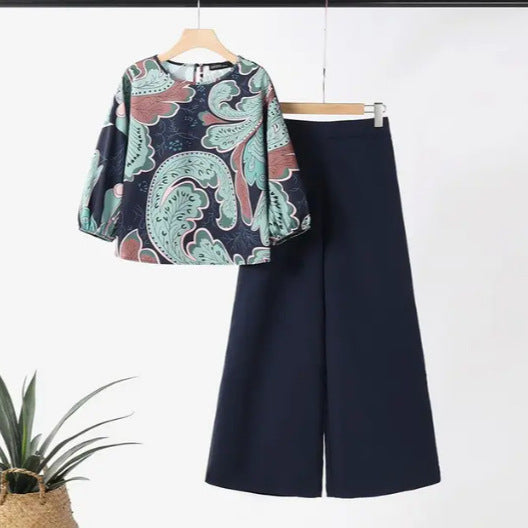 Summer Floral Print Top Wide Leg Pants Sportswear Fashion Loose Match Suit