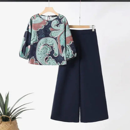 Summer Floral Print Top Wide Leg Pants Sportswear Fashion Loose Match Suit