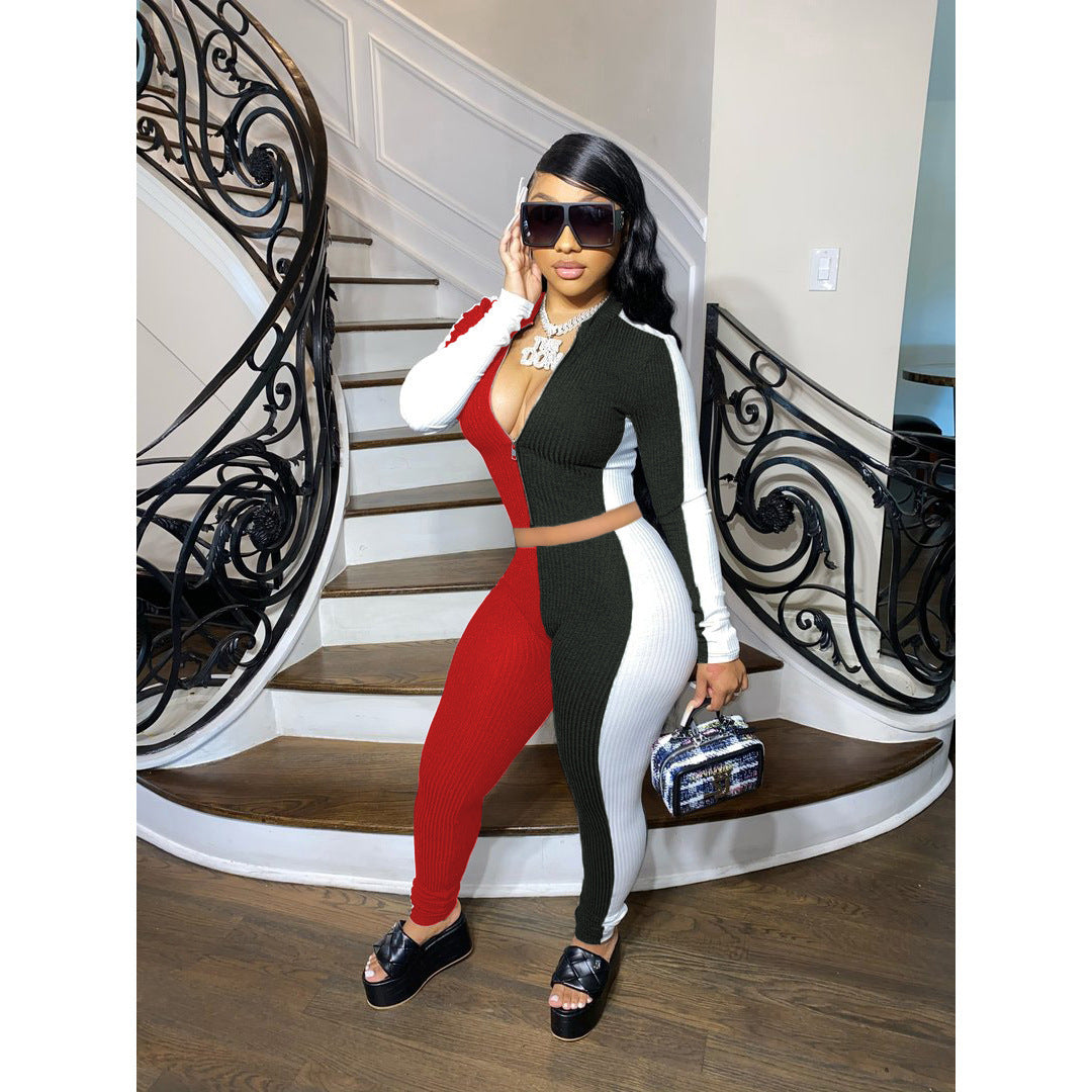 Women's Fashion Casual Three Colors Slim Fit Patchwork Long Sleeve Trousers Suit