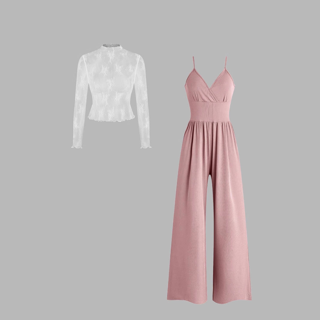 Lace Long Sleeve Sling Slim Fit Bodysuit V-neck Wide Leg Suit