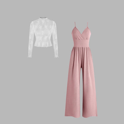 Lace Long Sleeve Sling Slim Fit Bodysuit V-neck Wide Leg Suit