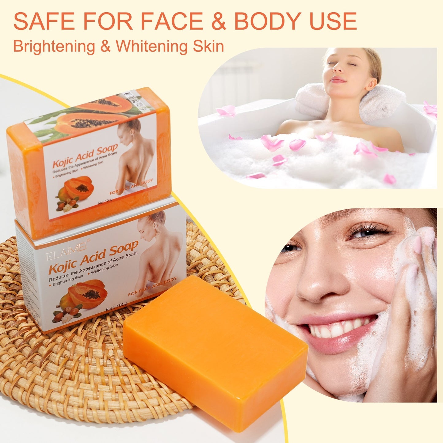 Papaya Kojic Acid Soap Deep Cleansing Softening Cuticle Fading Melanin Acne Brightening Skin Color