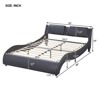 Full Size Upholstered Faux Leather Platform Bed With LED Light Bed Frame With Slatted - Black