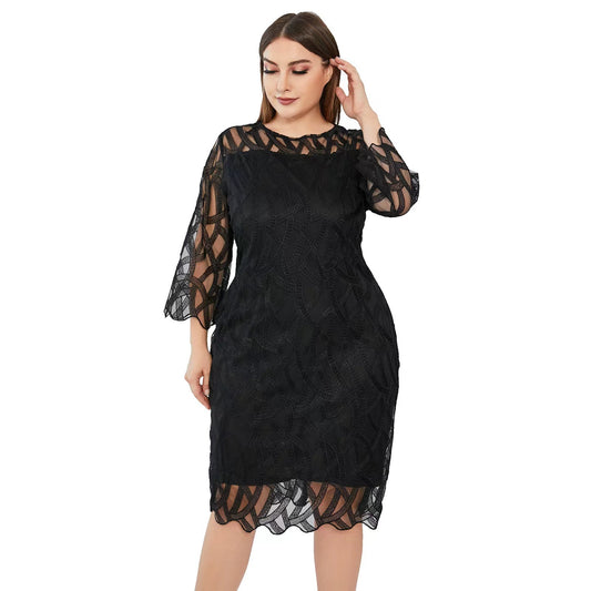 Fat Woman Dress Embroidered Double-layer Solid Color Round Neck Plus Size Dress