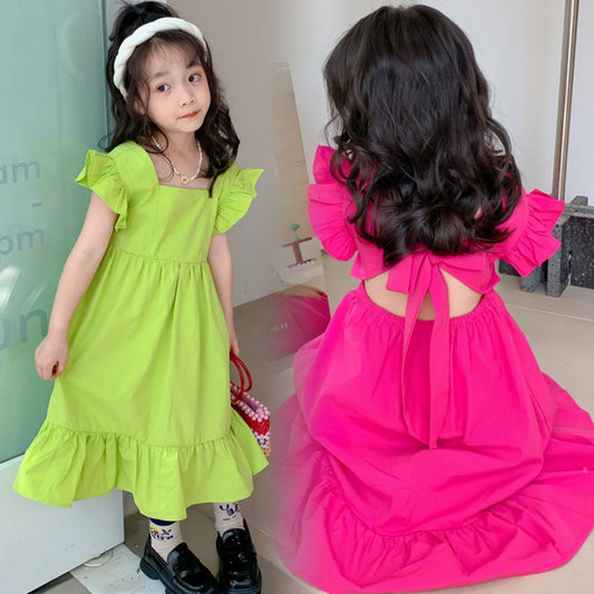 Girls Backless Bow Dress Flounced Sleeve Ruffles