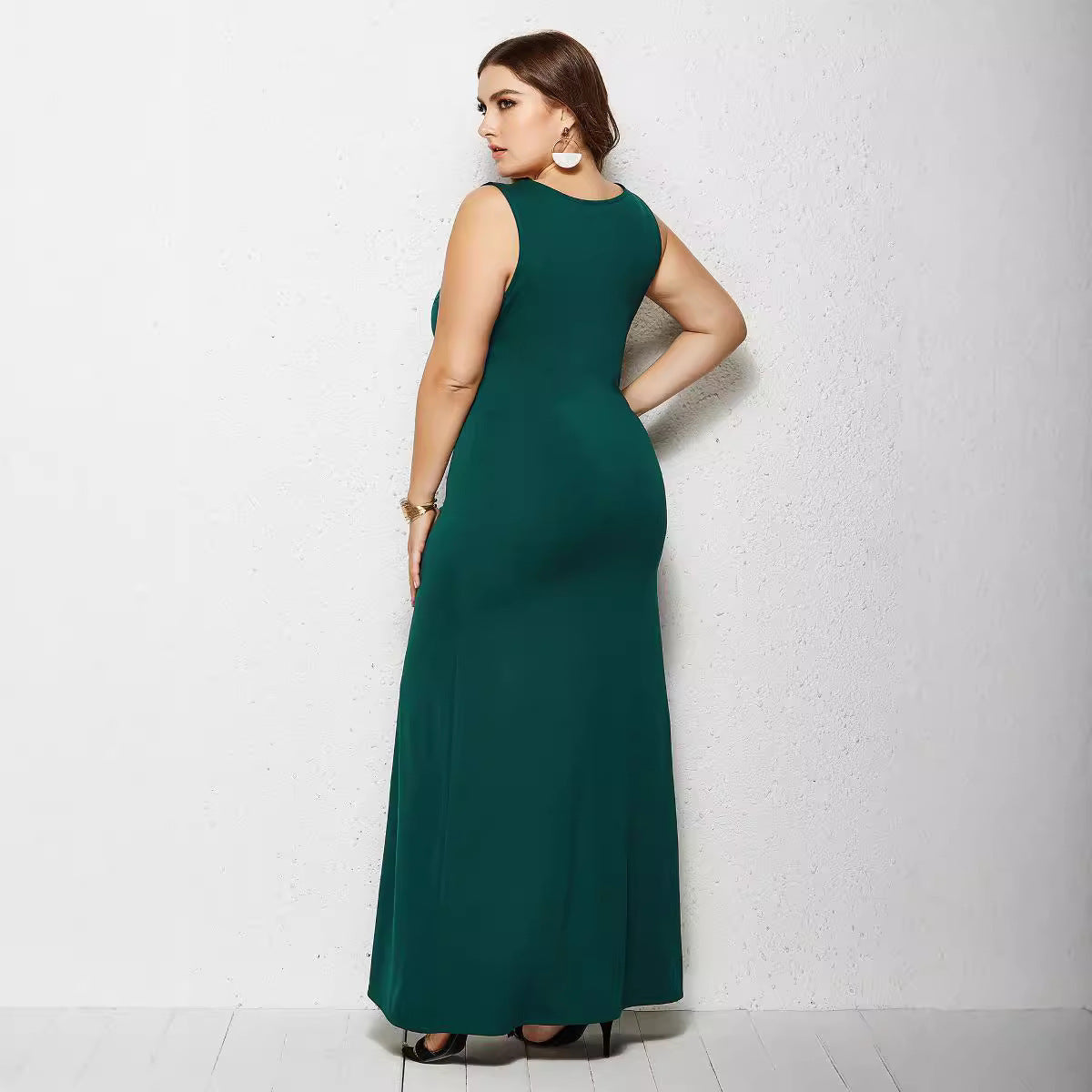 Plump Girls Women's Dress Springsummer Knitted Sexy Round Neck Solid Color