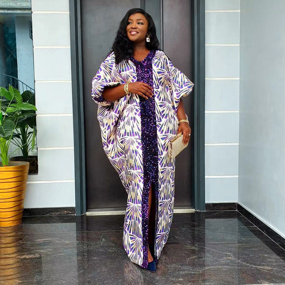 Loose Printed Sequin V-neck Dress