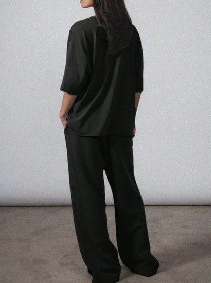 2pcs Women Solid Color Crew Neck Short Sleeve Top And Long Pants Casual Outfit