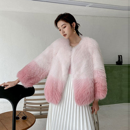 Fashionable Women's Gradient Color Fur Warm Jacket